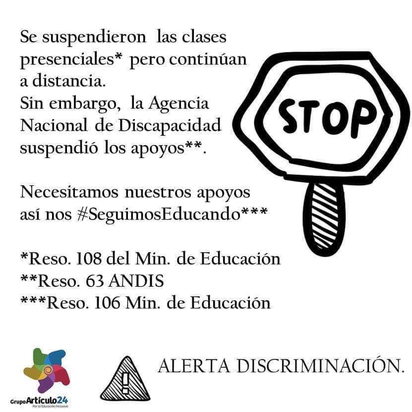 Art24Inclusion's tweet photo. Se suspendieron  las clases presenciales pero continúan 
a distancia.
Sin embargo,  la Agencia Nacional de Discapacidad suspendió los apoyos
Necesitamos nuestros apoyos 
así nos #SeguimosEducando @trottanico @alferdez @SantiCafiero @andiscapacidad https://t.co/No2fvCWmV3