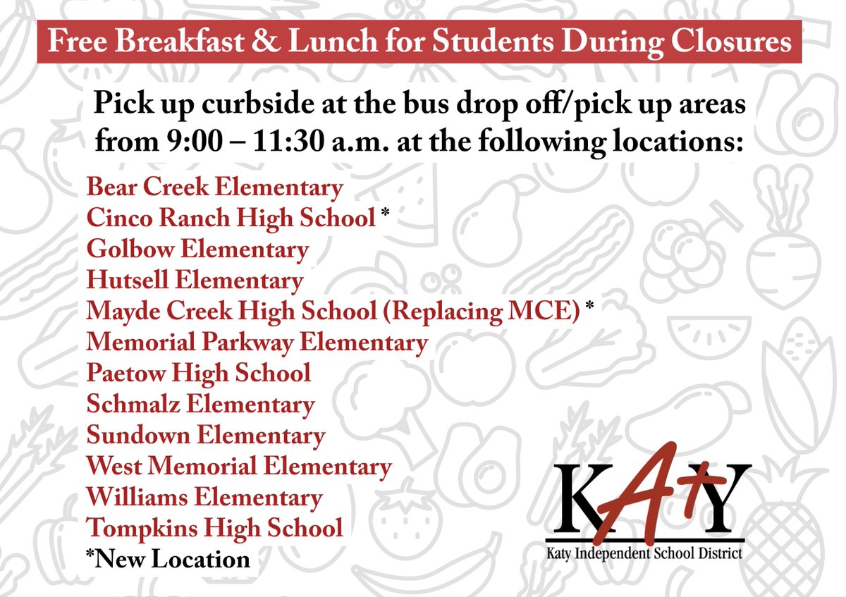 katyisd's tweet photo. Don't forget! We made a few updates to campuses serving free meals to Katy-area children. These meals are available to all children 18 and under, not just #KatyISD students, and students can visit any nearby campus. See our website for details: https://t.co/ImmVWhdRHm #KatyStrong https://t.co/IgmOxoq2wE
