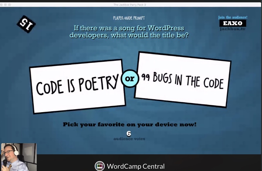 lemonadecode's tweet image. One of @dimensionmedia (and mine too) favorite prompt and quips on the WPGameshow at #WCSATX. 👏