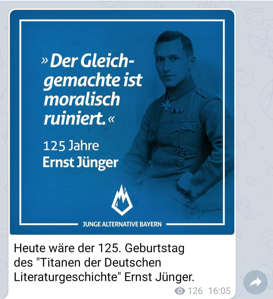 robertandreasch's tweet photo. Ernst Jünger: "Ich hasse die Demokratie wie die Pest" (1925); "Im gleichen Maße, in dem der deutsche Wille an Schärfe und Gestalt gewinnt, wird für den Juden auch der leiseste Wahn, in Deutschland Deutscher sein zu können, unvollziehbarer werden."(1930). Junge Alternative Bayern: https://t.co/PmRpWxtaIn