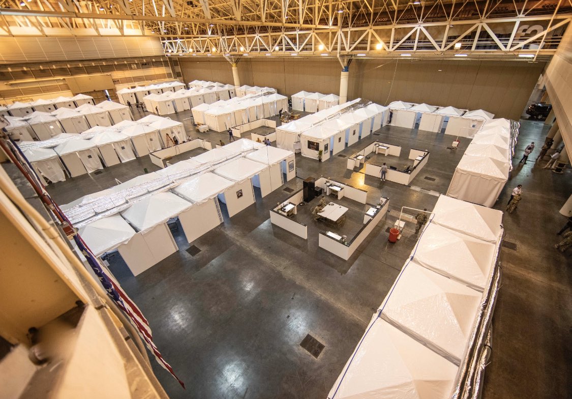 mayorcantrell's tweet photo. Today, @LouisianaGov and I toured the medical surge buildout at the Convention Center. These 1,000 beds will free up ICU space at hospitals needed for the most critically ill, with additional capacity if needed. No walk-up admission—patients will arrive from hospitals. https://t.co/k8fz4ywv5J
