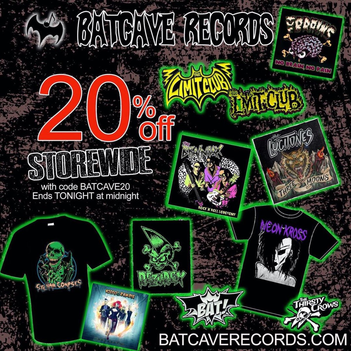 MERCH SALE ENDS AT MIDNIGHT. Last chance to get 20% off all BAT! merch and the entire Batcave Records store. PROMO CODE: BATCAVE20. Now’s the time. Shop at batcaverecords.com🦇