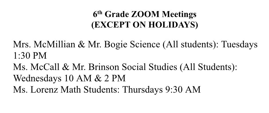 jennteachsc's tweet photo. 6th grade Zoom mtgs planned from now until we return.  Each teacher should be in touch via email or remind. #lmmsrocks https://t.co/y7aCmcdVbZ