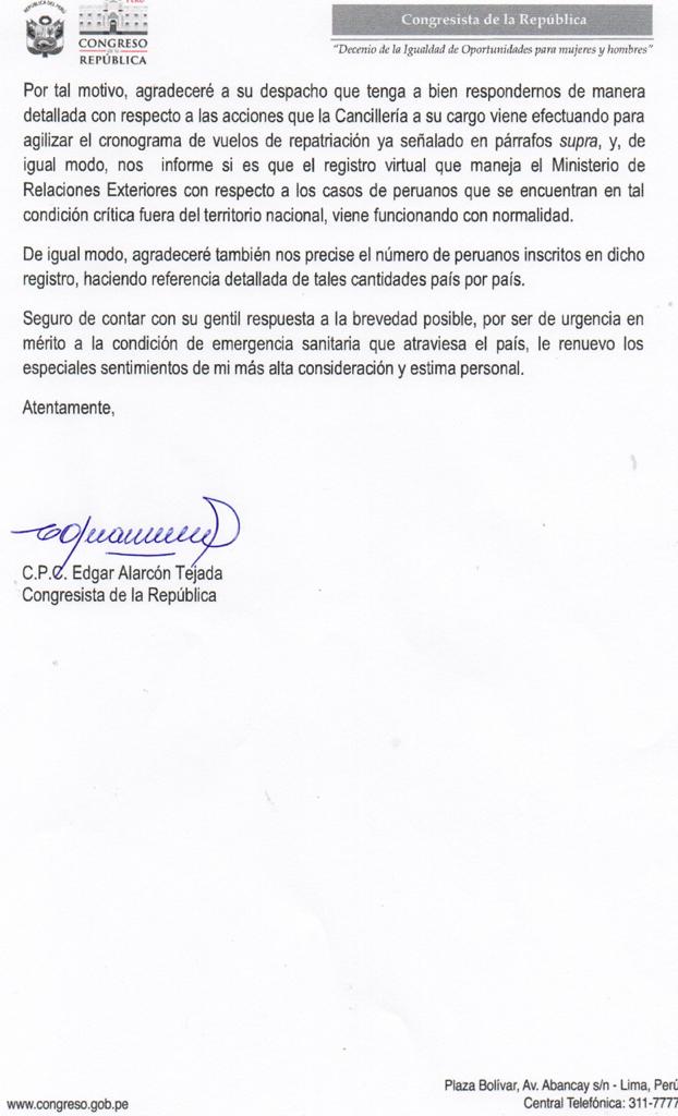 EdgarAlarconT's tweet photo. También he solicitado información a la @CancilleriaPeru, respecto a los cronogramas de repatriación y el registro virtual de peruanos varados en el extranjero a fin de atender el llamado de nuestros compatriotas que hasta ahora no pueden regresar a sus hogares por el #COVIDー19. https://t.co/OpzT4uj2Ru