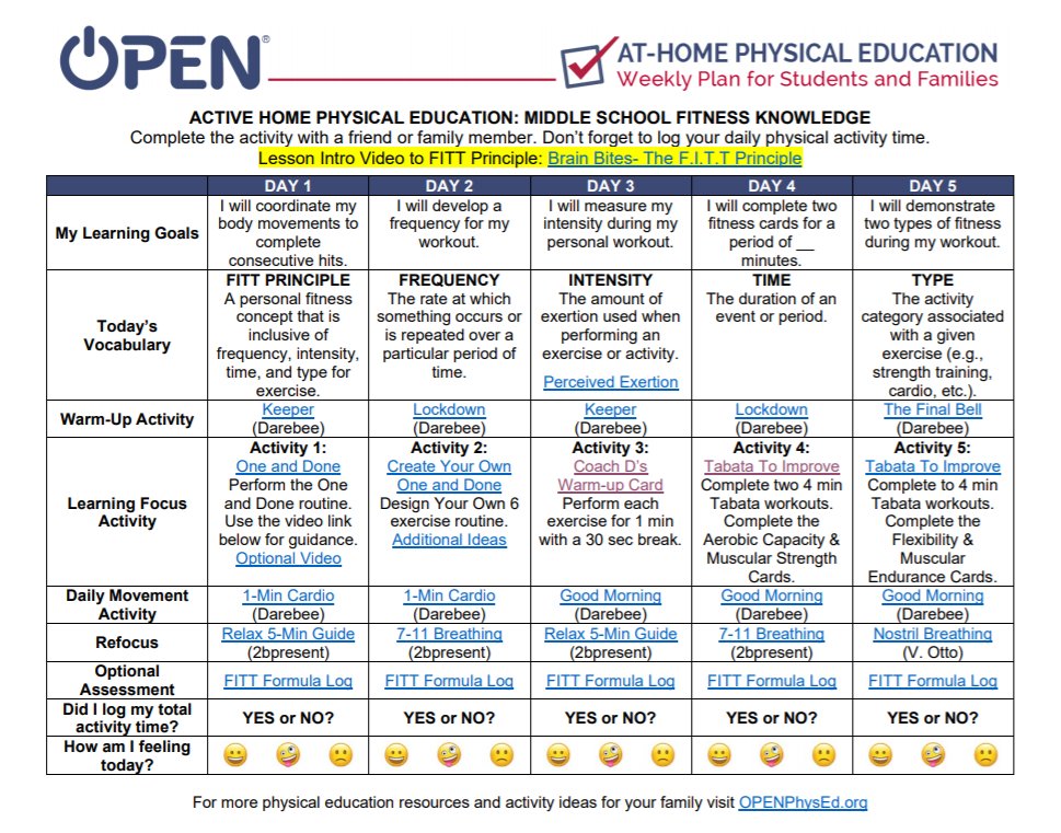 BREAKING NEWS! MORE NEW CONTENT! Week 3 virtual lesson plans posted for K-2, 3-5, MS and HS! Standards-based and hyperlinks included in one page document downloadable in PDF or Word! #HPEatHome #physed We are #teachershelpingteachers! openphysed.org/activeschools/…