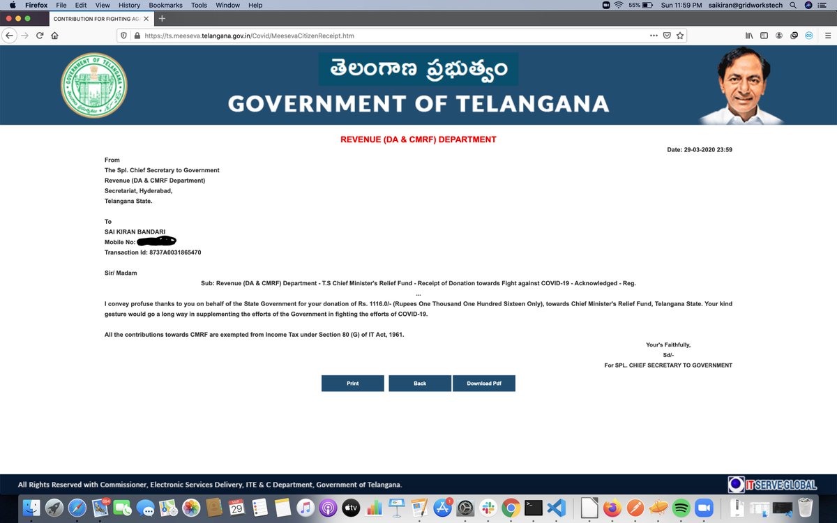 @KTRTRS @TelanganaCMO A small contribution from my family to CMRF in the fight against Coronavirus by our wonderfulTelangana govt. One small suggestion, make donation more easy by including this in Gpay, Paytm and other wallets. #Telangana #TelanganaFightsCorona #TelanganaCMO