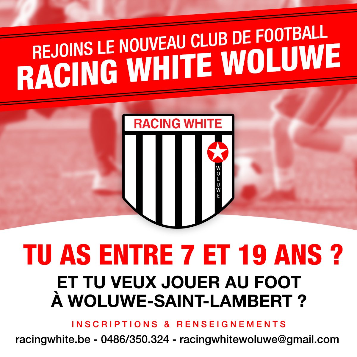 DynamicTamtam's tweet photo. Tu as entre 7 et 19 ans et tu veux jouer au football au stade Fallon? Le Racing White Woluwe t’attend! Infos et contact ci-dessous. ⚽️
@1200WSLambert https://t.co/iI0VMVhAiw