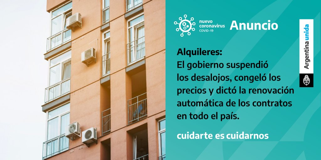 El Gobierno congeló los alquileres y suspendió desalojos por falta de pago hasta el 30 de septiembre. Además, prorrogó la vigencia de contratos de alquiler en conformidad de las partes.

Más información en  bit.ly/MedidasDeGobie…

#ArgentinaUnida #CuidarteEsCuidarnos