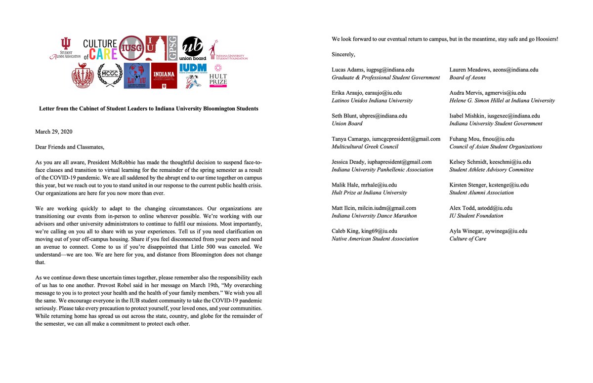 GPSG continues to work together with other student organizations around campus. I was enthusiastic to sign this letter from the Cabinet of Student Leaders to IUB students. We’re here for you!