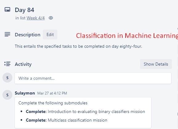 tjtechi's tweet photo. 1/2: π₯ Day 84 of #90DaysOfDataquest:
πWe will continue the current course with Introduction to evaluating binary classifiers mission and Multiclass classification mission. Why not join the moving data science Train ππ
#Python #MachineLearning #100DaysOfCode #CoronaLockdown https://t.co/4NFtLWNGxz