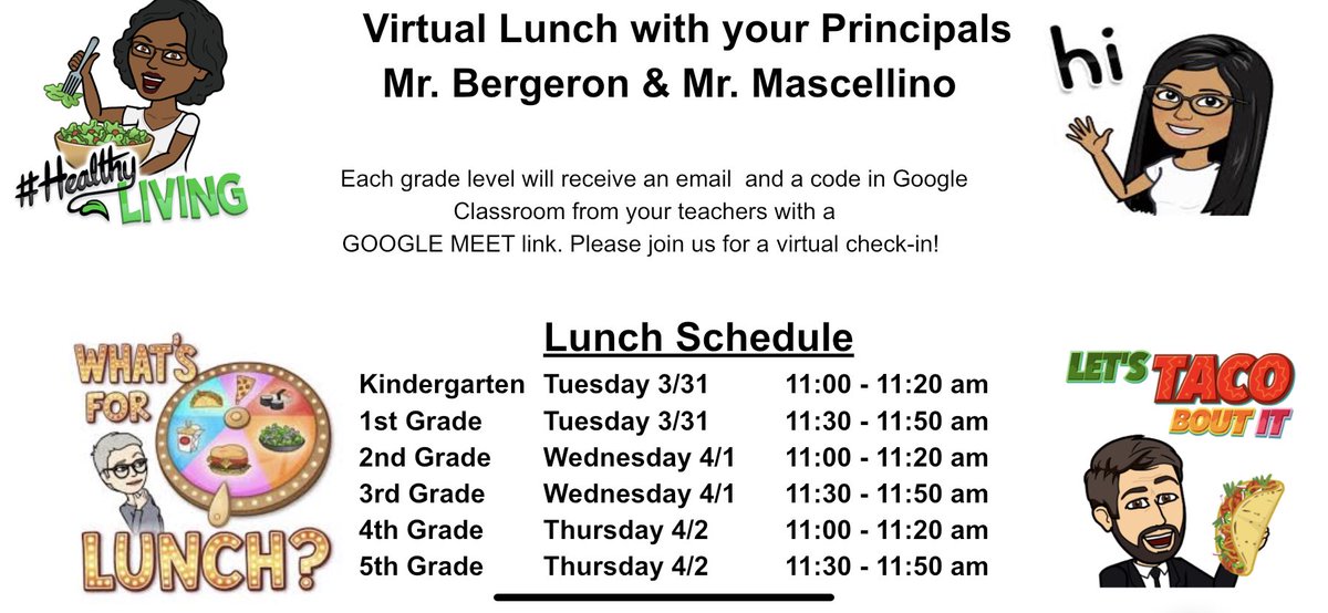 Hey <a href="/CunninghamSTARS/">CunninghamSTARS</a> join Mr. Mascellino and myself for our Virtual Lunch this week. Check your teacher’s google classroom for the link. <a href="/Aramark/">Aramark Corporation</a> I wonder what you can serve virtually?!?! #lunchinstyle <a href="/LBRamzi/">Lisa Benedetti-Ramzi</a> @PSD_Sup <a href="/PSDRI_Schools/">Pawtucket School Department</a> <a href="/RIDeptEd/">Rhode Island Department of Education (RIDE)</a> <a href="/AInfanteGreen/">Angelica Infante</a>