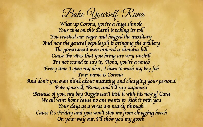 chadandjt's tweet photo. Published Poem: Boke Yourself ‘Rona https://t.co/xLcIBNxzTk