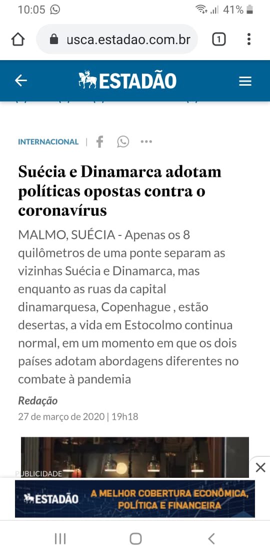 Rconstantino's tweet photo. Resumindo:

Suécia
10 milhões habitantes
Tudo aberto
Sem histeria 
3.000 infectados
92 mortos

Dinamarca
5 milhões habitantes
Tudo fechado
Pânico 
2.000 infectados
52 mortos

Quem está pior ? https://t.co/Rs7DKUo18m