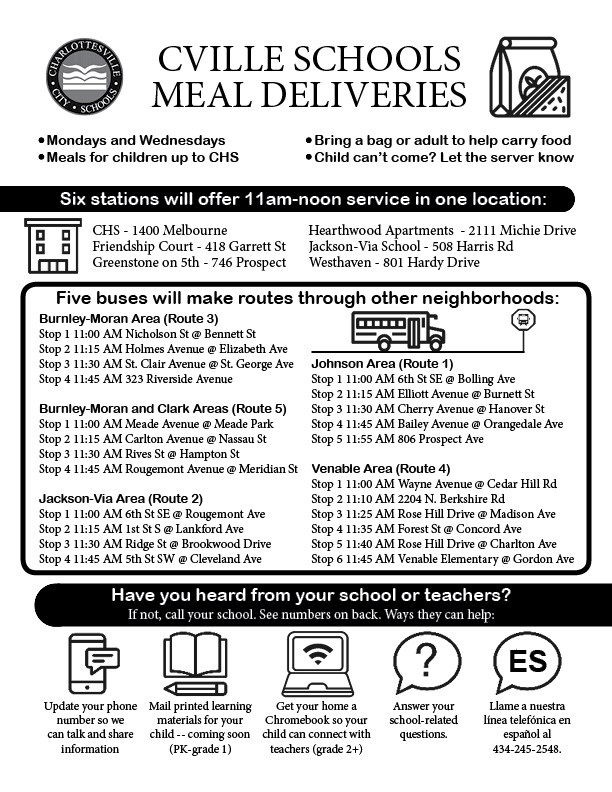 School meal deliveries will continue Mon &amp; Wed, with new stops: 806 Prospect at 11:55 and at Rose Hill Dr @ Charlton Ave at 11:40. Find details at charlottesvilleschools.org/food. If your child can’t come to the distribution site, please let the server know. Thanks to all our volunteers!