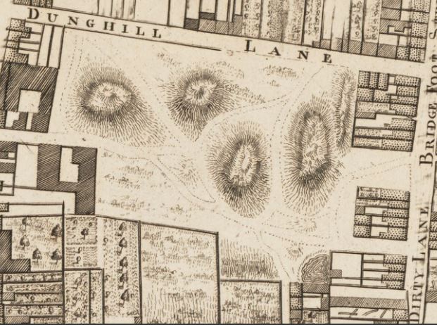 dublin_discover's tweet photo. Continuing with Rocques map of Dublin, we have Dunghill Lane, now Island St. And at the end of Dunghill Lane was the aptly named Dirty Lane (now Bridgefoot St) Many mills produced foul smelling waste, which were dumped, along with human waste by the cartload leading to less (1/4) https://t.co/OgQjhQW1ZD