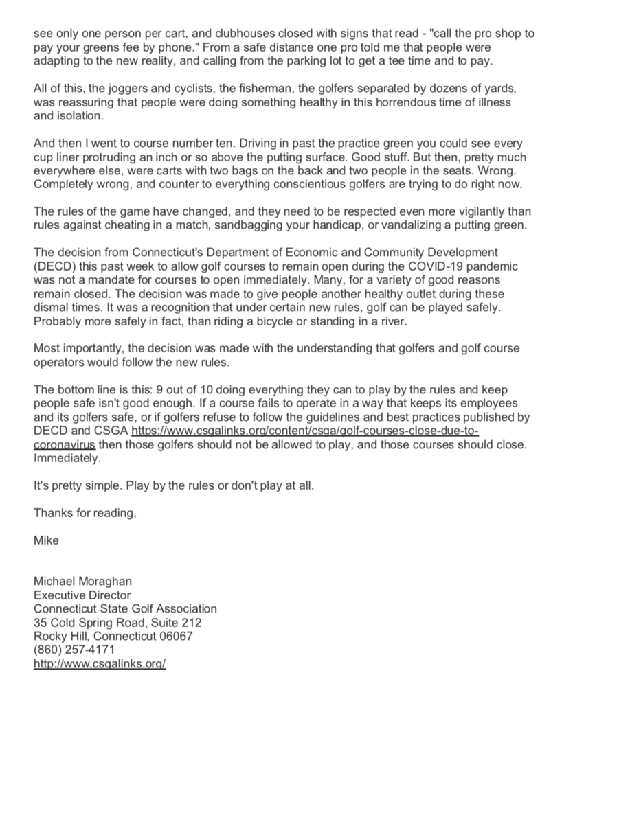 MikeStachura's tweet photo. Interesting letter from CSGA's Michael Moraghan where golf is allowed with restrictions. Most courses, golfers are getting it right, but not all. Which is a problem. https://t.co/IYYWhu9WSO