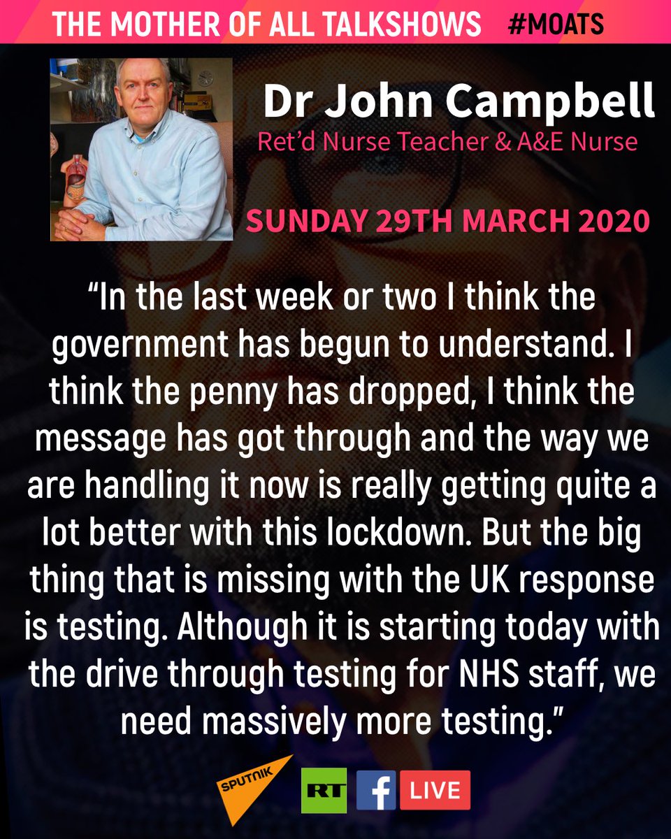 georgegalloway's tweet photo. #MOATS | GUEST Dr John Campbell

"In the last week or two I think the government has begun to understand, the penny has dropped, I think the message has got through and the way we are handling it now..”

WATCH @MoatsTV now: https://t.co/b2h1H8SpMG https://t.co/HKIkkqjmgV