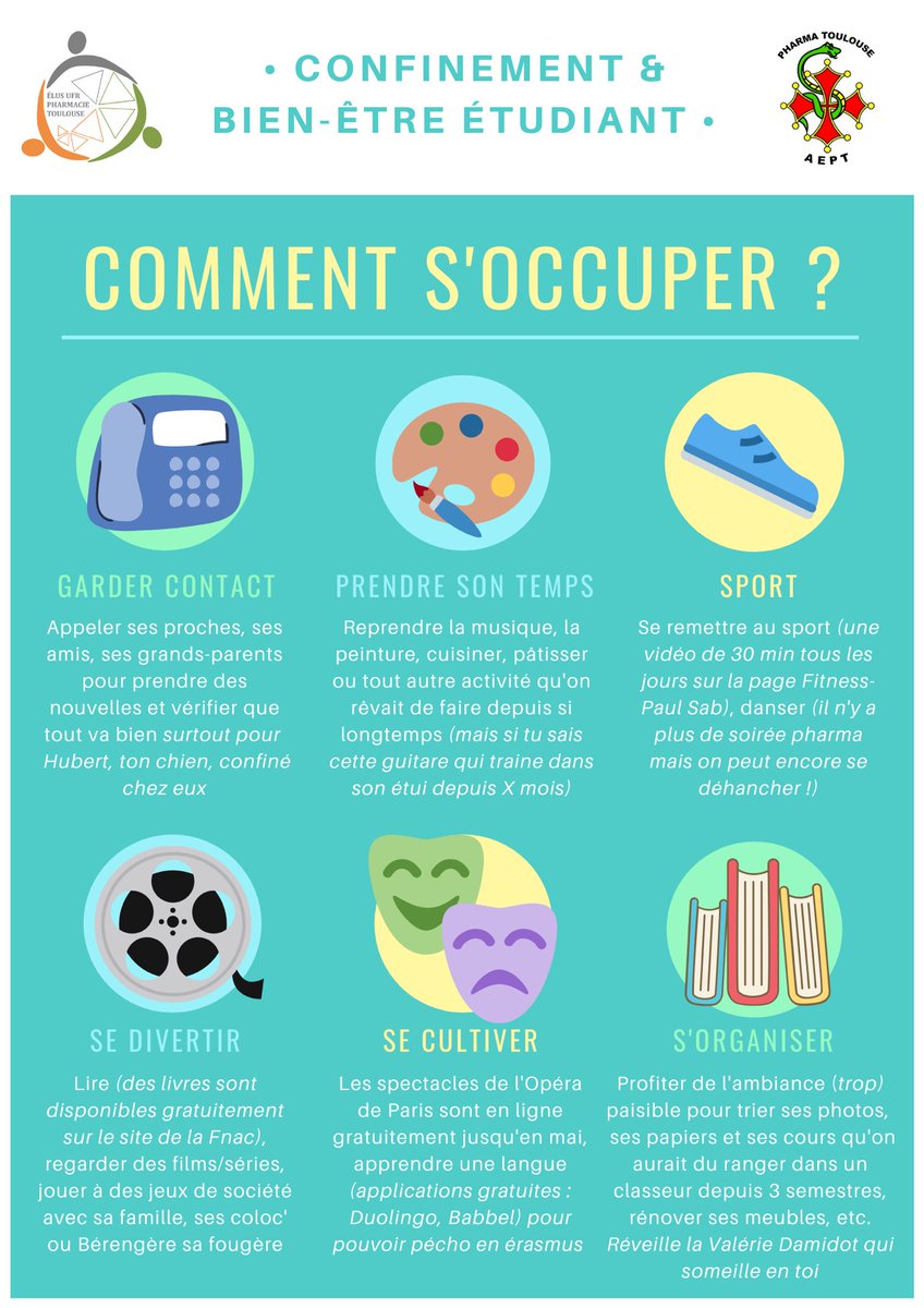 AeptToulouse's tweet photo. [Confinement et Bien-être] 

🤪 Pour ne pas perdre la boule et rendre ce confinement fructueux, voici quelques conseils. 

🗣 Les @ElusPharmaTls et la corpo sont disponibles durant cette période difficile pour répondre à vos questions. 

⁉️ Et toi, tu fais quoi pour t’occuper ? https://t.co/Q1qQxNdKEq