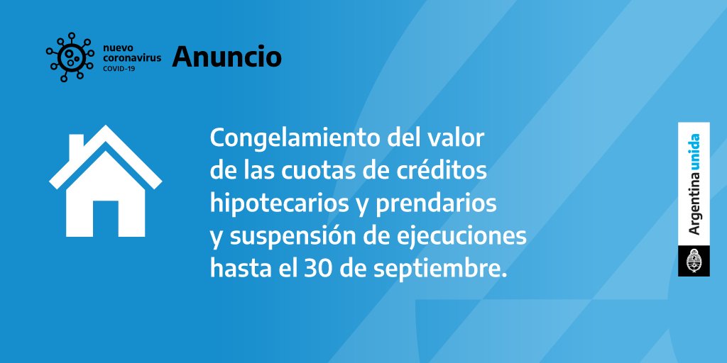 vtolosapaz's tweet photo. Hasta el 30 de septiembre se congelan las cuotas de créditos hipotecarios (UVA incluidos), y también se suspenden las ejecuciones hipotecarias y prendarias de créditos UVA.
Quedate en tu casa...
#EstadoPresente 🇦🇷 https://t.co/POKdfCXItO