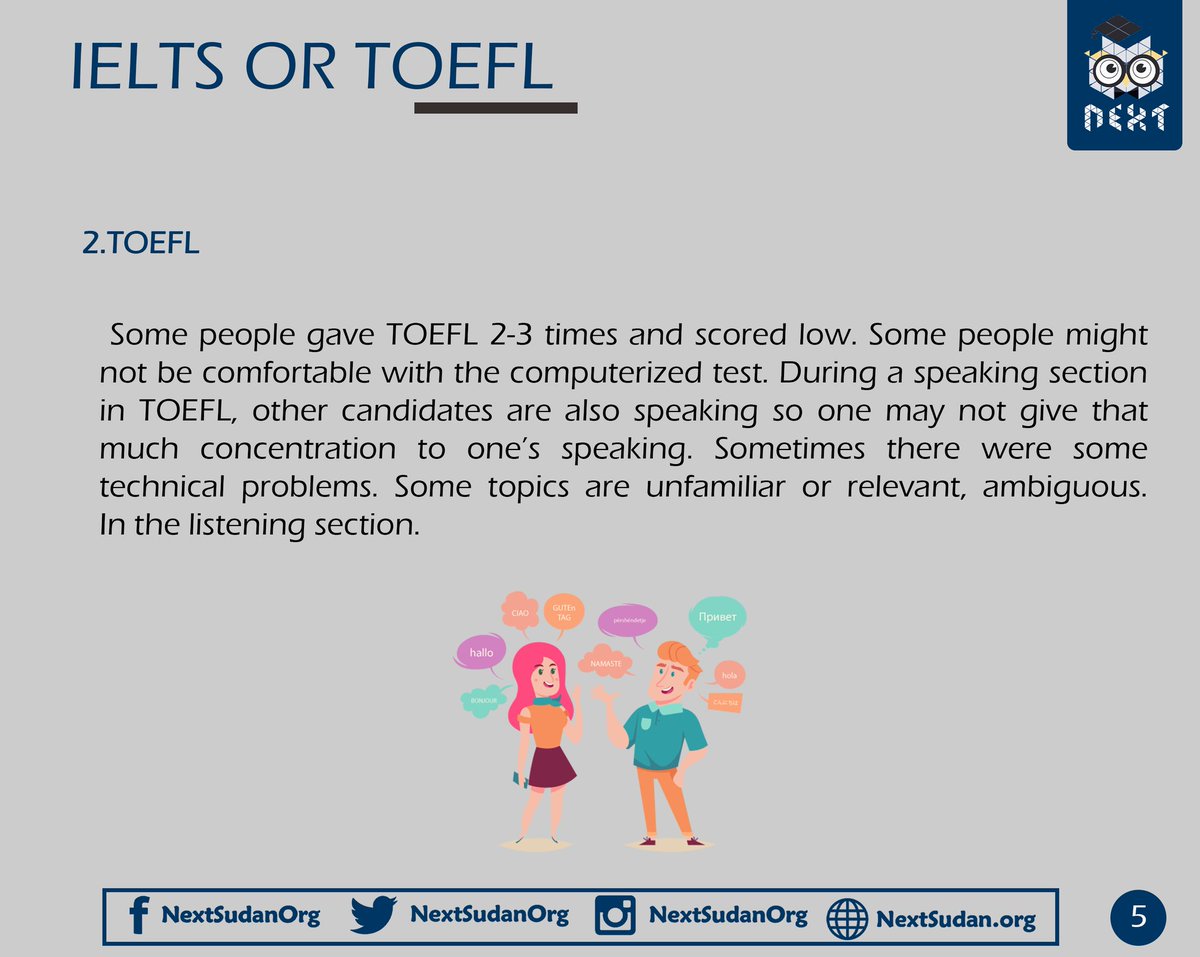 NextSudanOrg's tweet photo. Today's tip will be discussing the differences between the IELTS and TOEFL, we hope it is beneficial 🙏
#Next_Initiative #Next_Tips https://t.co/PD617igu2S