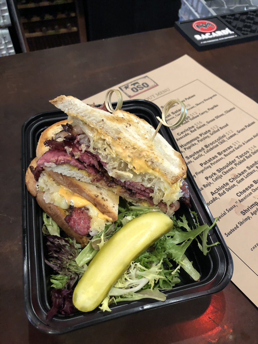 Today’s Special at OSO. House Made Pastrami Sandwich with Sauerkraut, Swiss Cheese, House Made Spicy Mustard and Thousand Island Dressing.-$14 We also have Seared Shrimp Tacos in Salsa Verde, Pico de Gallo, Crema, and Cilantro. -$16. Call us 707-931-6926 to place a take out order