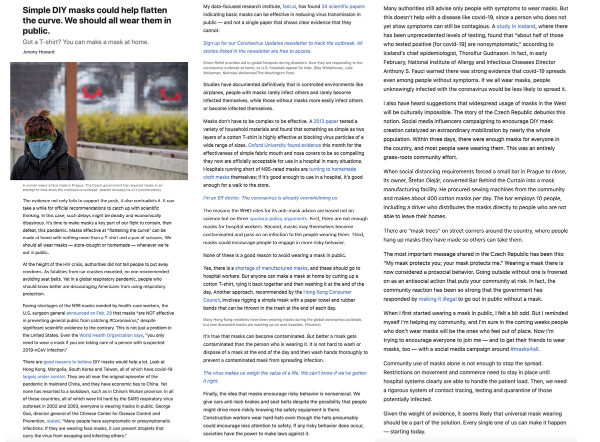 EricTopol's tweet image. The emerging consensus of #Masks4All (despite @WHO 
 who.int/emergencies/di… and @CDCgov)
washingtonpost.com/outlook/2020/0… by @jeremyphoward @PostOpinions 
sciencemag.org/news/2020/03/n… by @sciencecohen 
sciencemag.org/news/2020/03/w… by @KellyServick @NewsfromScience @ScienceMagazine