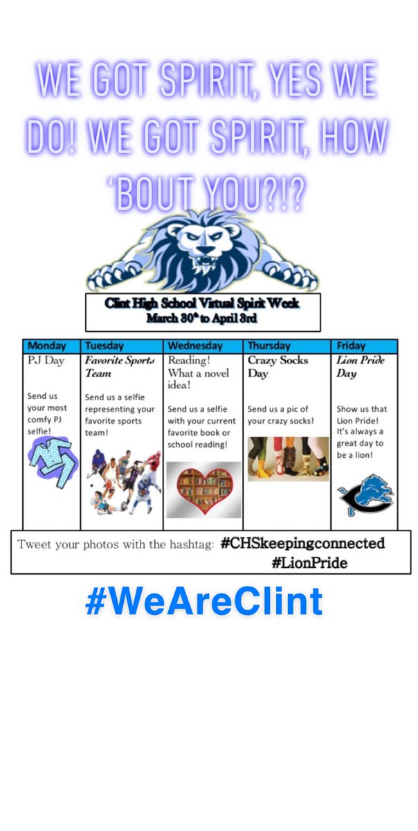 ClintGirlSoccer's tweet photo. Let’s show our school spirit ALL WEEK💙🦁🏫!! #ClintGirlsSoccer #WeAreClint #CHSKeepingConnected #LionPride #ClintSoccer #WeAreClintISD https://t.co/L9hFTb9pEb