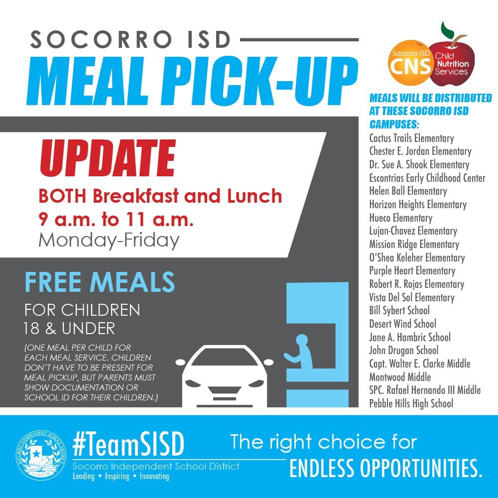SISD_HS's tweet photo. Beginning tomorrow, SISD free meal pick up for the Montwood Feeder will only be at @BSybert_PK8 , @OSheaKeleher_ES, @HBall_ES, & @Montwood_MS Additionally, there is only one pick up window of 9-11 am during which families can get breakfast and lunch together. #TeamSISD https://t.co/owIEEMv47M