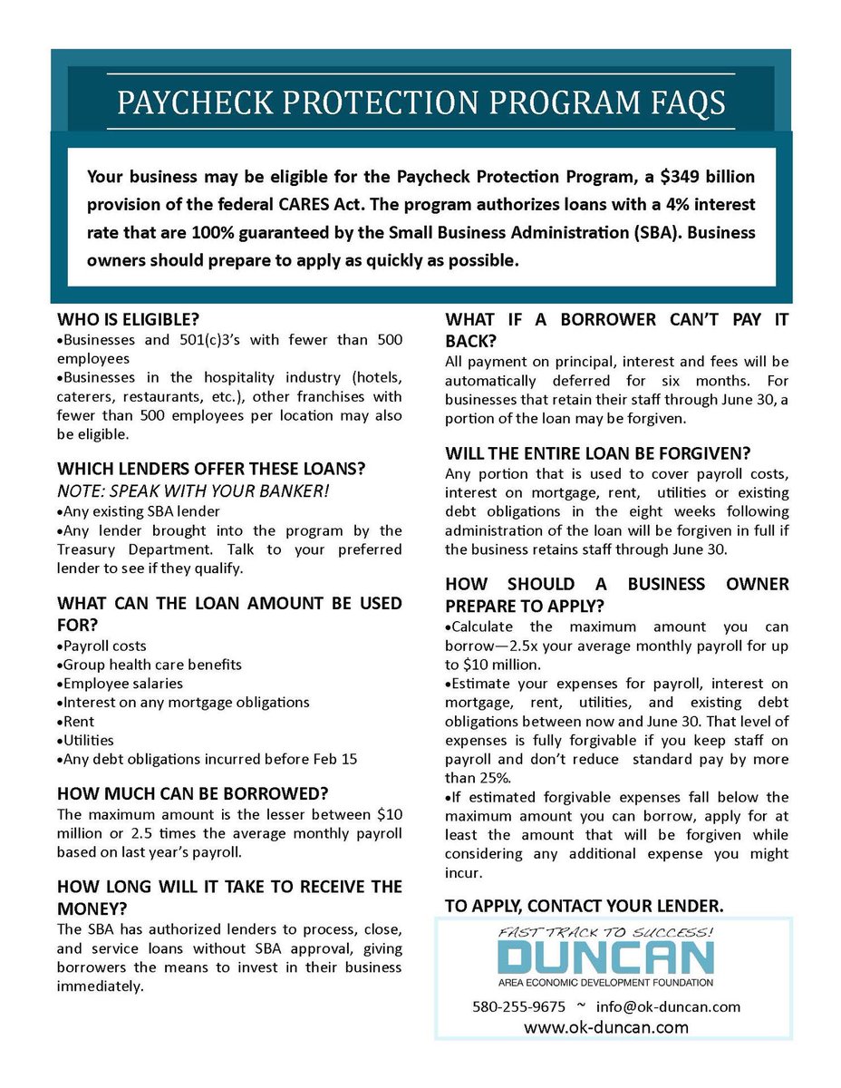 DuncanAreaEcDev's tweet photo. Your business may be eligible for the Paycheck Protection Program (PPP), which is part of the Coronavirus Aid, Relief, and Economic Security (CARES) Act.

To apply, contact your banker or a bank that provides SBA loans. https://t.co/yPZ8f0VILq