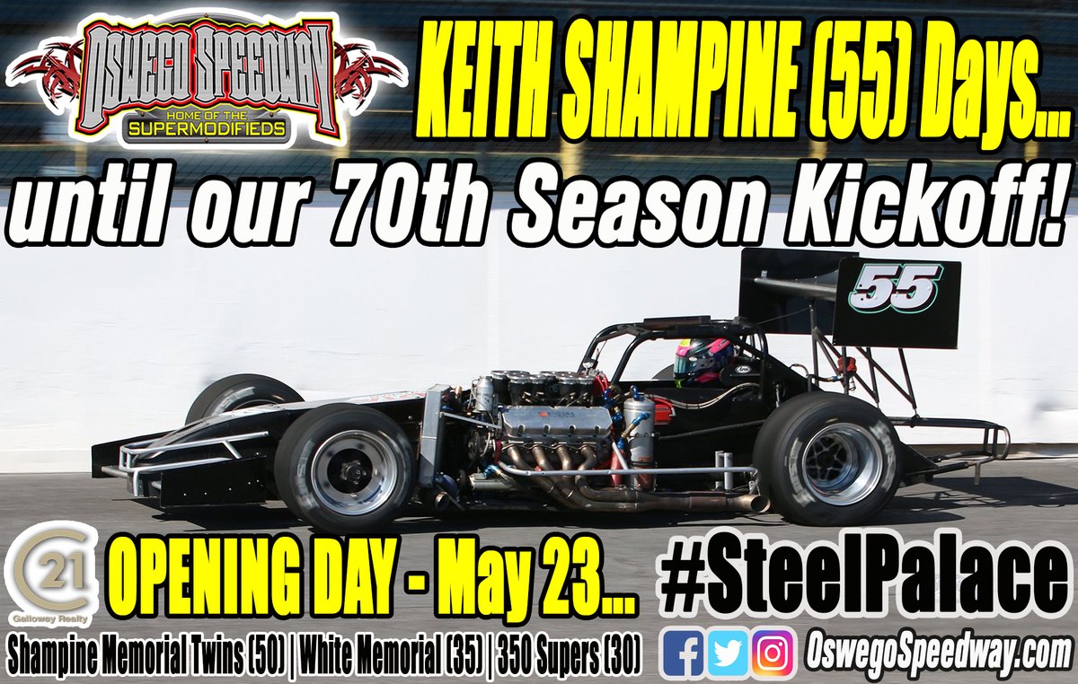 OswegoSpeedway's tweet photo. .@KeithShampine (55) Days until we honor his Uncle Jim with the third running of the Shampine Memorial Twin 50's on Saturday, May 23! 🎱 #SteelPalace #Supermodifieds https://t.co/x19K0QPwkD