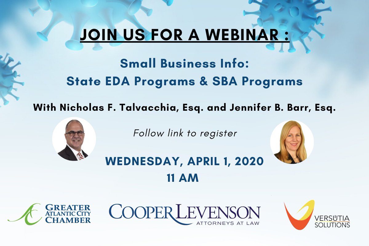 Join us for a Webinar Wednesday, April 1 at 11 AM : Good News for New Jersey Small Businesses Impacted by COVID-19: An Overview of the NJEDA Grant and Loan Program with Nicholas Talvacchia and Jennifer Barr

Register here: lnkd.in/eabzpBg
