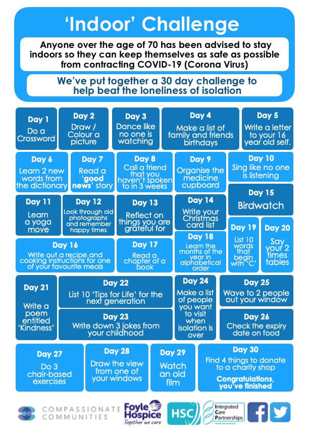 Are your parents/grandparents self-isolating? We’ve designed a handy ‘Indoor’ challenge that will help them beat the boredom that comes with unplanned isolation. #Covid19 #Isolation #BeatTheBoredom #OlderPeople #AtRisk 🏠 😷👴🏻👵🏻🥇🏆