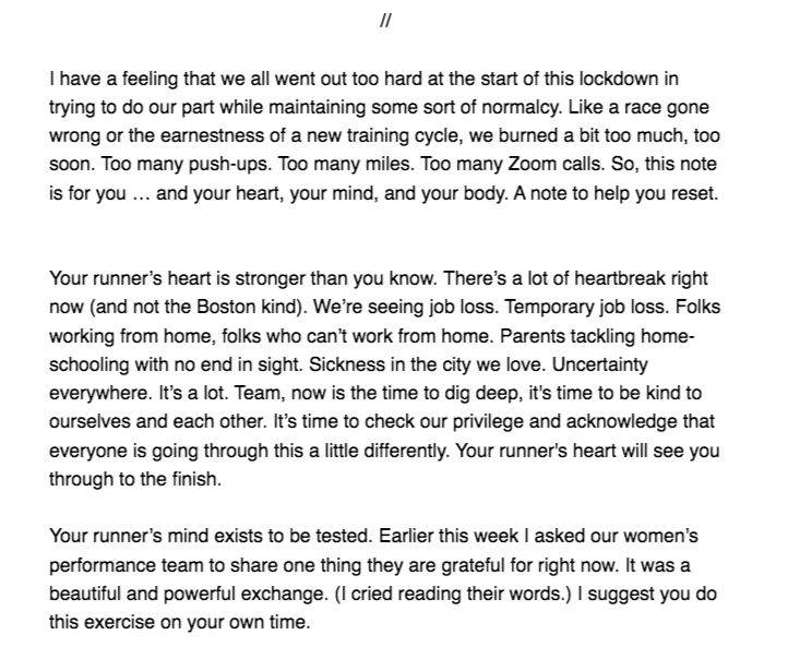 ChrisChavez's tweet photo. “This note is for you … and your heart, your mind, and your body. A note to help you reset."

My coach @atrueworld emailed this to our @BKLYNTrackClub team recently but it’s totally worth sharing with the masses because you never know who needs to hear this. https://t.co/vV3VZHSeWD
