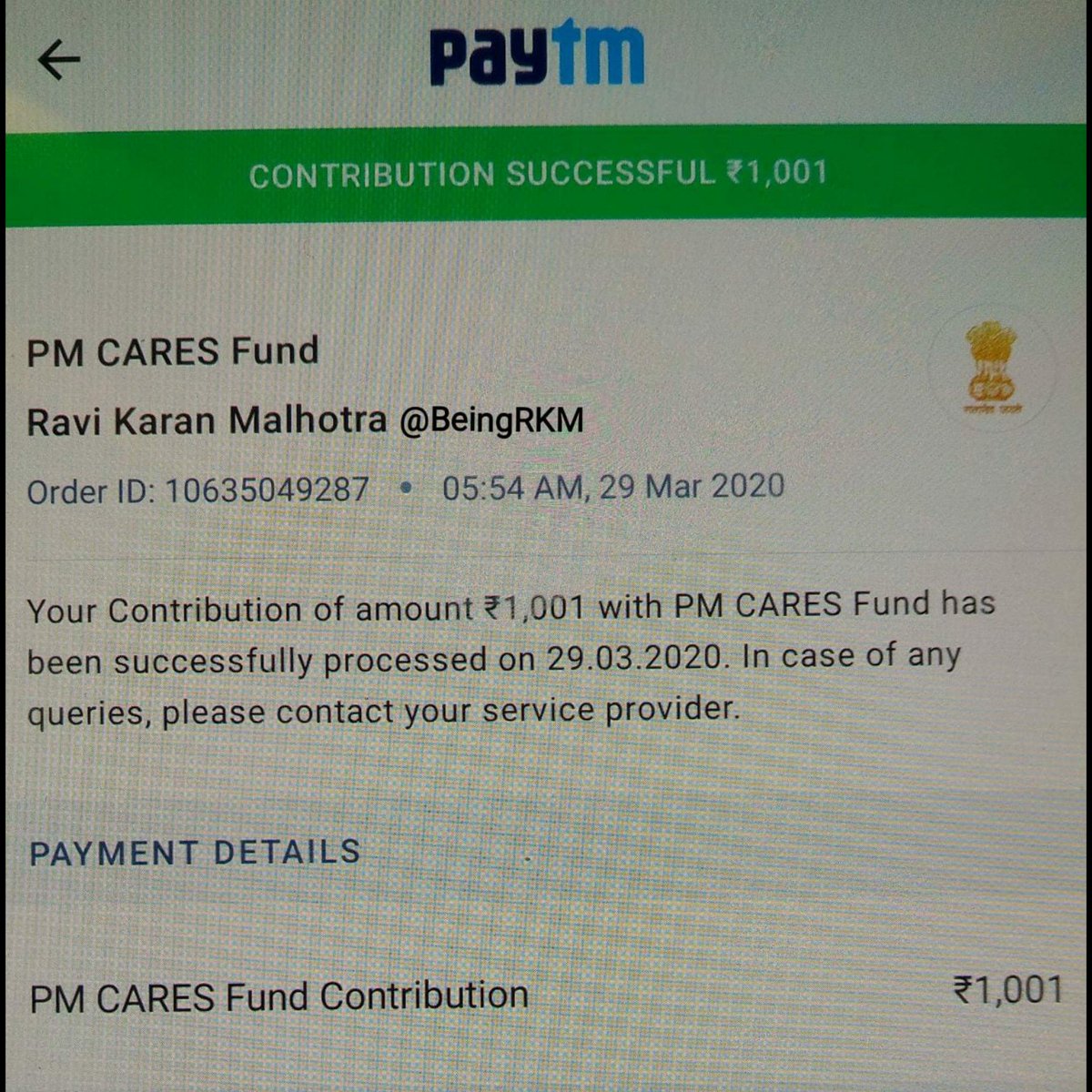 BeingRKM's tweet photo. @narendramodi @PMOIndia @narendramodi_in Ji , In #IndiaFightsCornona my family trust you completely.. By God's Grace & under your able leadership #WeShallOvercome this menace of #COVID19 .. Please accept this very very small token for #PMCARES from my family and me ! 🙏🏻🙏🏻🙏🏻 #InModiWeTrust https://t.co/DwpBE9qkYO