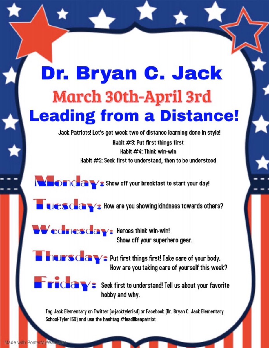 JackTylerISD's tweet photo. Week 2 of distance learning starts tomorrow! Let’s see how you are Leading from a Distance! https://t.co/clG21SAgO0