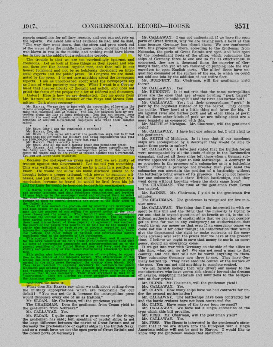The 64th Congress (1917) was debating funding submarines in case the U.S. was asked to join European Allies in the fight against Germany. He offered a story about how the press (media) became so powerful that they could DEMAND their DESIRE actions from CONGRESS.   #Shocking