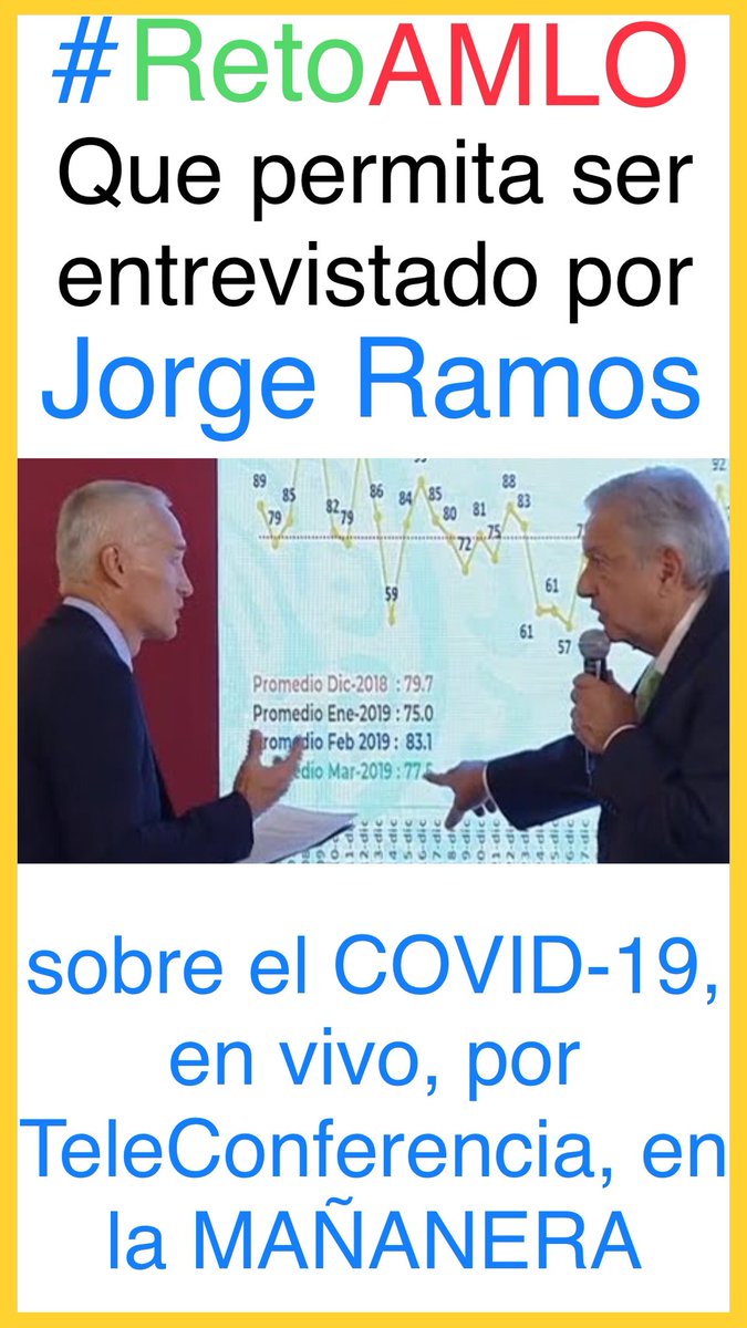 PazConDialogo's tweet photo. @aracelibs @chitoarnold ‼️EXTREMA URGENCIA‼️
Dale RT, si crees que AMLO debe aceptar ser entrevistado por JORGE RAMOS sobre el COVID-19, EN VIVO, por TeleConferencia, en el horario de la MAÑANERA.
#RetoAMLO https://t.co/MhJVa8hWMM