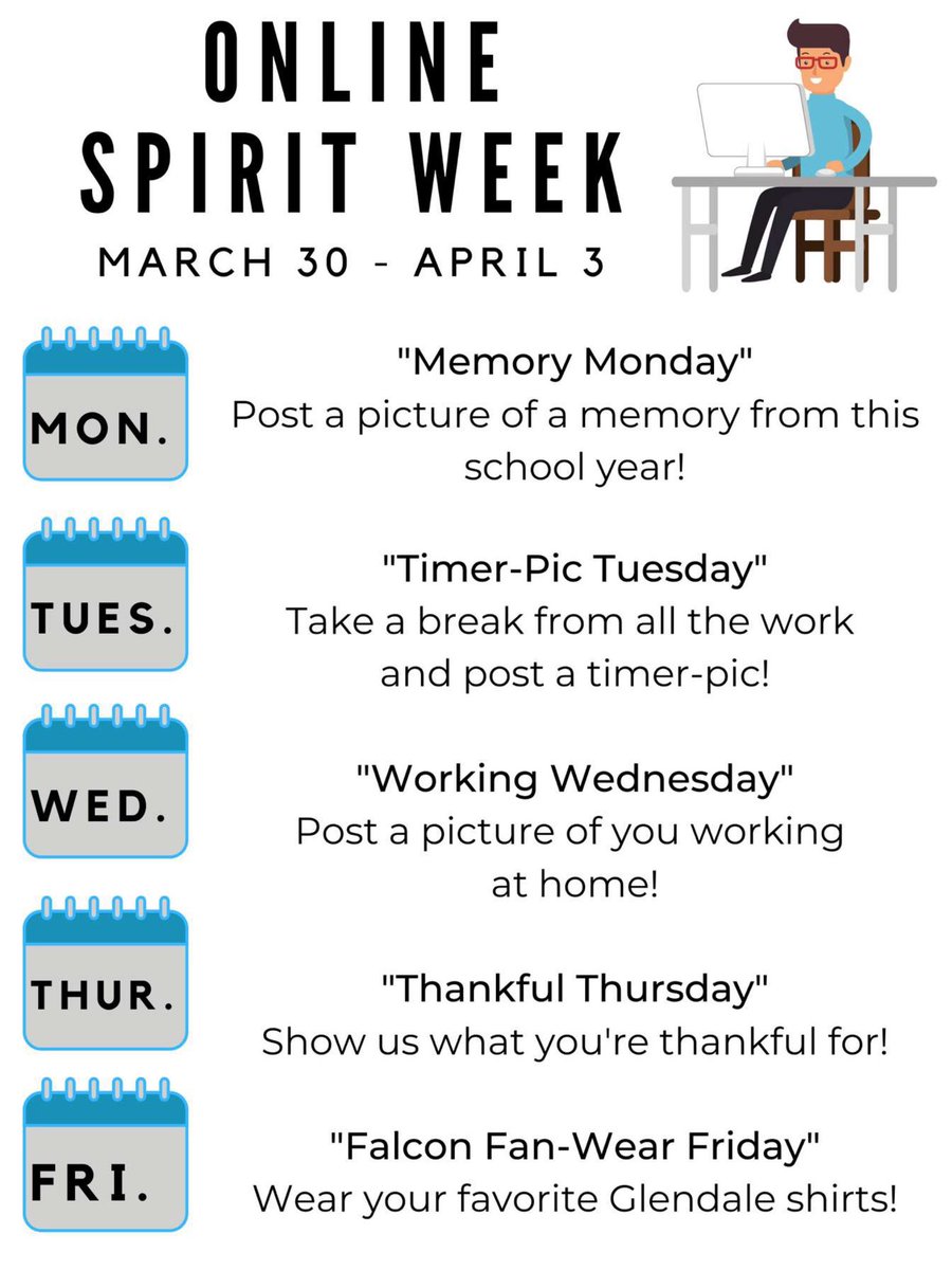 GHSstuco's tweet photo. ONLINE SPIRIT WEEK!!! DM us your pictures each day!!! Have a great week Falcons!!! ❤️💙🐦 https://t.co/NlkNzvqdZX