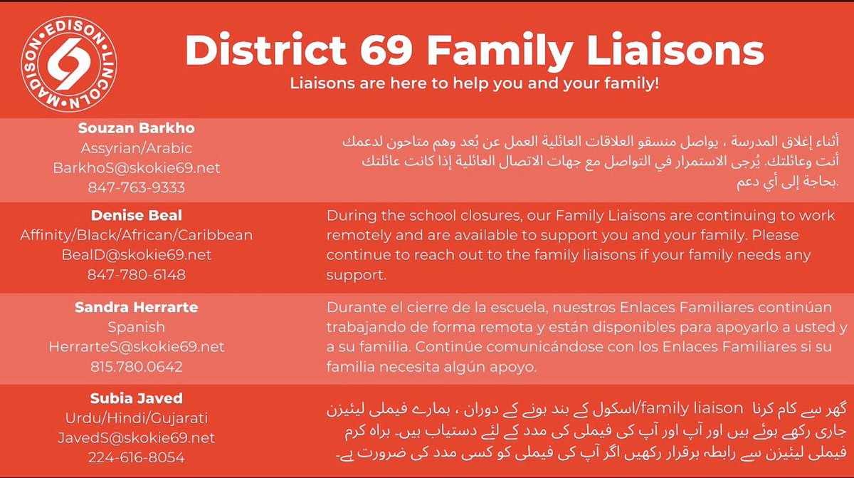 SkokieSD69's tweet photo. District 69 families: Your Family Liaisons are here to help! https://t.co/UkeftyZlgZ