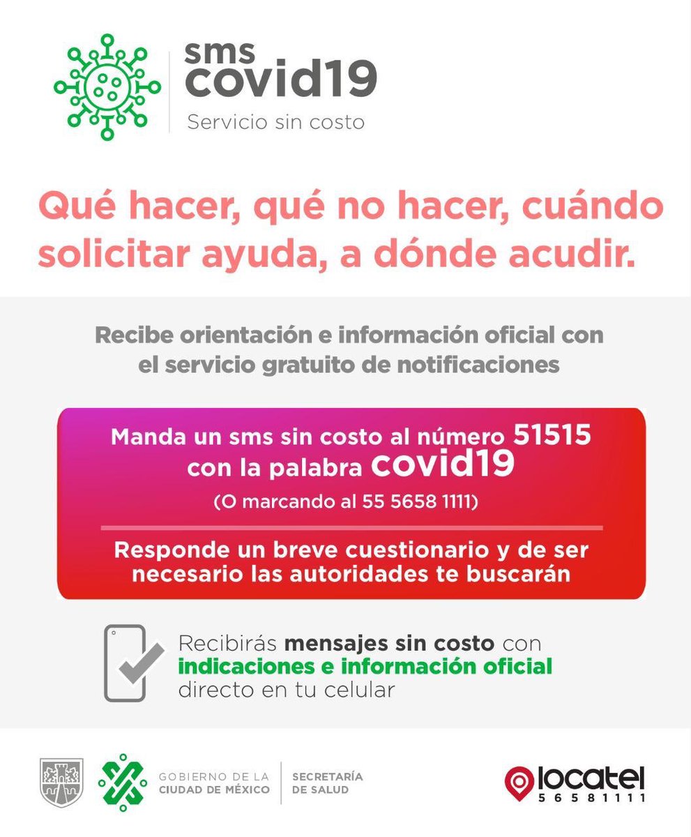 Si tienes algún síntoma manda mensaje sms a 51515 con la palabra covid-19 o llama a <a href="/locatel_mx/">@locatel_mx</a>. Si tus síntomas coinciden, un médico te hará diagnóstico clínico por teléfono. Te llevaremos un kit para apoyo para evitar contagio en casa.