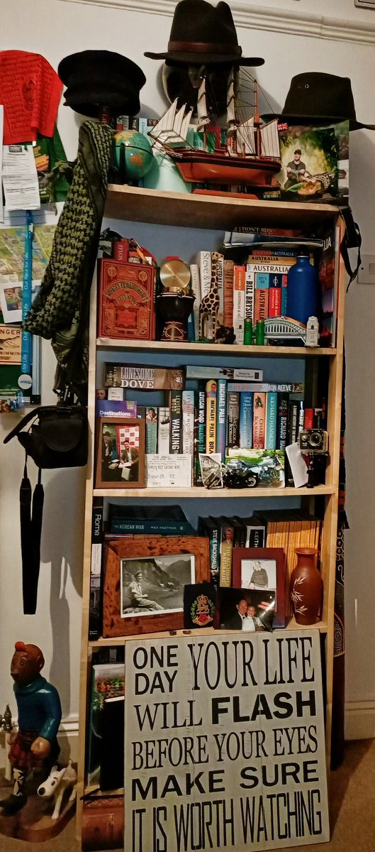 SLNorman_'s tweet photo. @Levisonwood My travel / expedition inspiration bookcase... Including a photo of when we met at the London travel show. Excited to add your latest book to the collection! https://t.co/fm5g3qWtA2