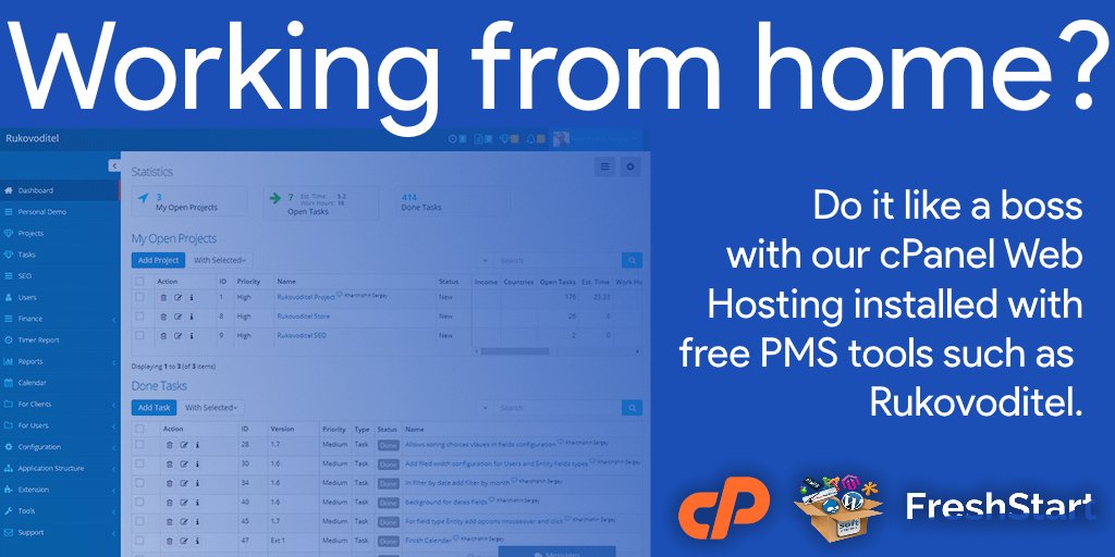 FreshStartHost's tweet image. Are you #WorkingFromHome ? Do it like a boss with FS.
With our Web Hosting, you can set up custom email accounts or install free project management tools such as Rukovoditel using our @softaculous installer to help you work efficiently and your team collaborate more effectively.