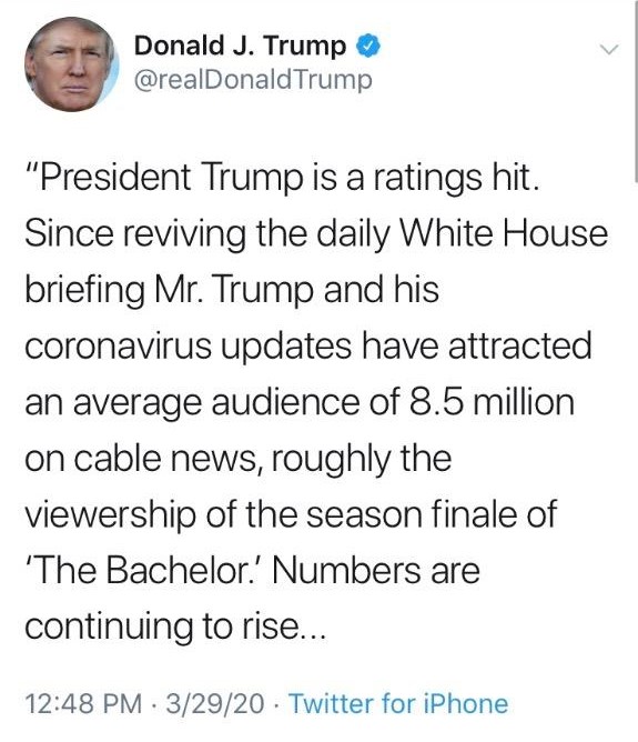 What a sad state of humanity this guy is in. People are dying, first responders and healthcare workers risk their lives due to lack of PPE, this idiot brags about ratings. Herbert Hoover will be replace as the president who had the least fucks to give about the American people.