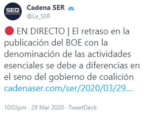 JosPastr's tweet photo. La SER ha borrado este tuit. No solo el Gobierno anda como pollo sin cabeza, sus terminales mediáticas también. https://t.co/MlwMegmHte