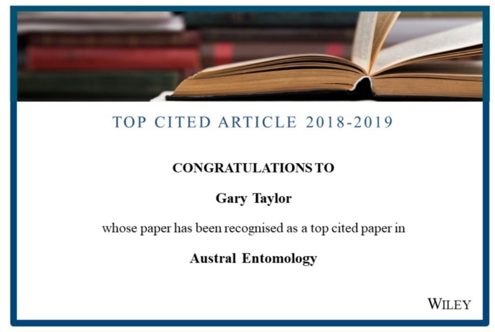 Very honoured to be recognised with the top-cited article 2018-19 in Austral #Entomology to raise the profile of #conservation of #insects & #invertebrates in Australia.

Onlinelibrary.wiley.com/doi/full/10.11…

#biodiversity 
#insectconservation
#insectdiversity
@Aust_Ent_Soc 
@TSCommissioner