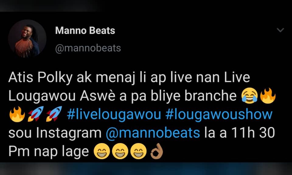 FredlyBaptiste's tweet photo. #Livelougawou by @mannobeats will be on 🔥 tonight at 11pm on #Instagram 

Special guest: #AtisPolky ak madanm li https://t.co/xgmk0uw7NW