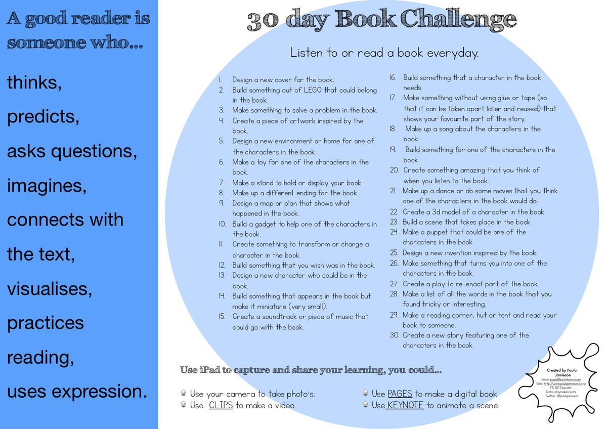 Today's 30 day Book Challenge, read or listen to a book everyday, then there's a 'call to action'. You can download all the challenges in PDF format from my website.

paulajamieson.co.nz/30-day-challen…