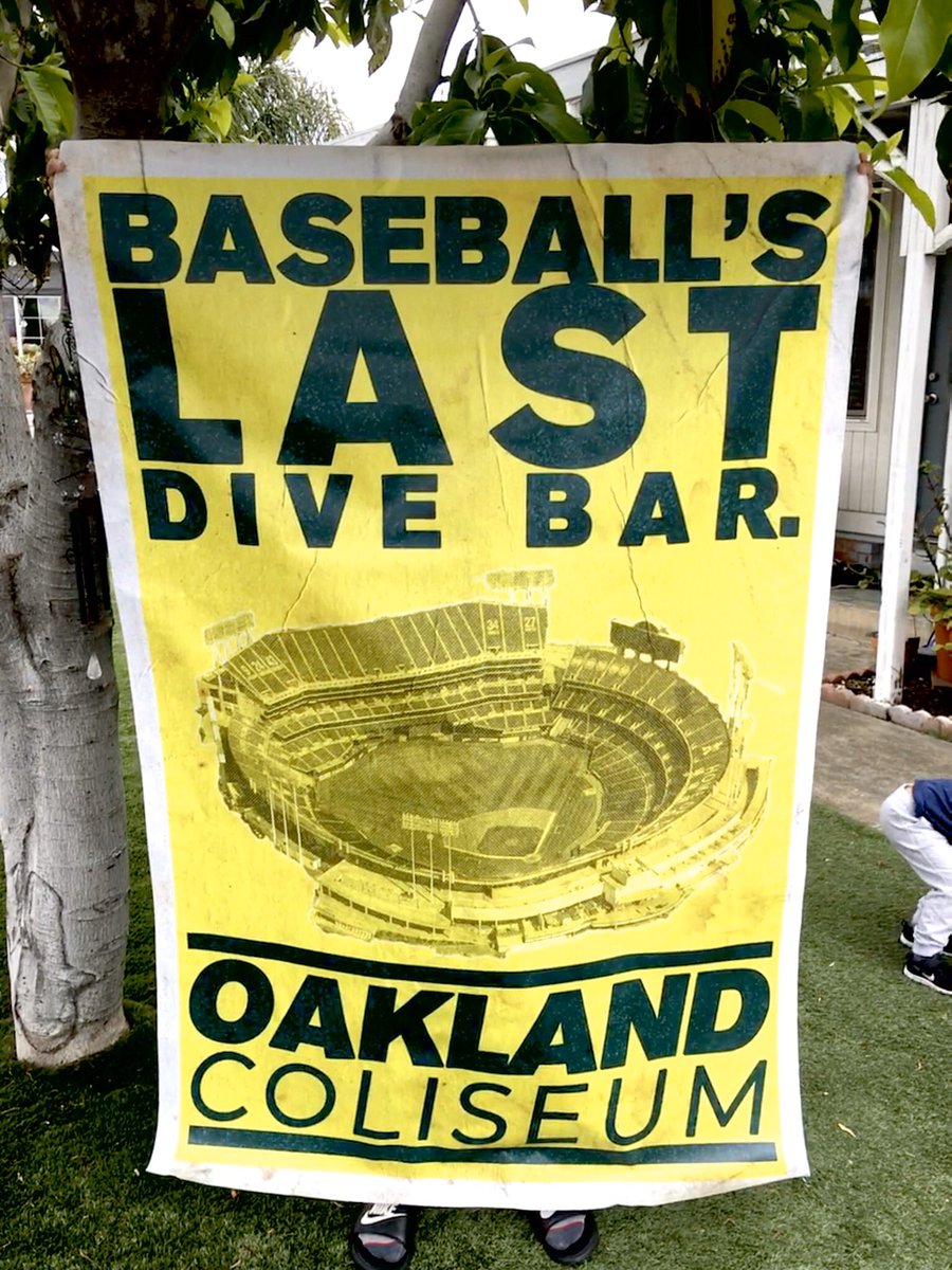 SandLot408's tweet photo. Sad I couldn’t hang this beauty of a banner up for the opening series...But on the bright side, The Oakland Coliseum is trending! #LastDiveBar #RootedInOakland https://t.co/t8WHTRbCMs
