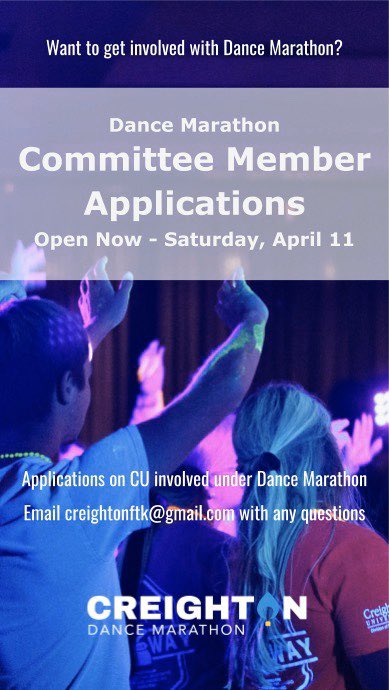 CreightonFTK's tweet photo. Committee member applications are now open through April 11th. 
Visit CU Involved to apply! https://t.co/F5UDVDin2n