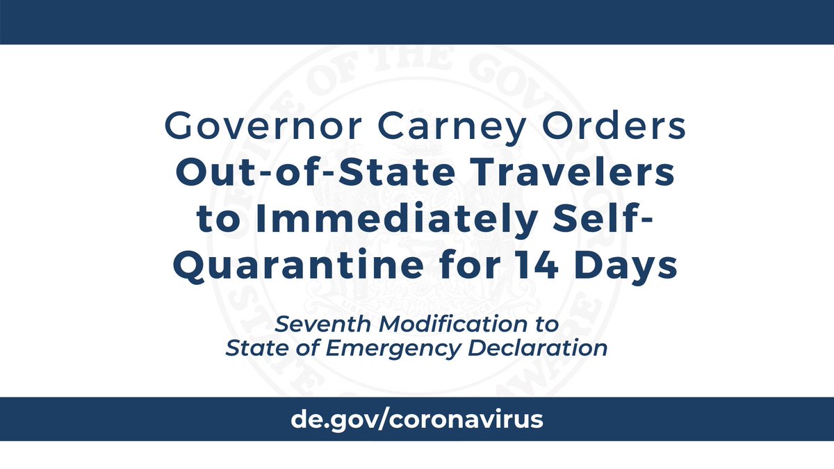 JohnCarneyDE's tweet image. Starting March 30 at 8 a.m., all out-of-state travelers into Delaware must immediately self-quarantine for 14 days to fight the spread of COVID-19.  

More info: news.delaware.gov/2020/03/29/gov…